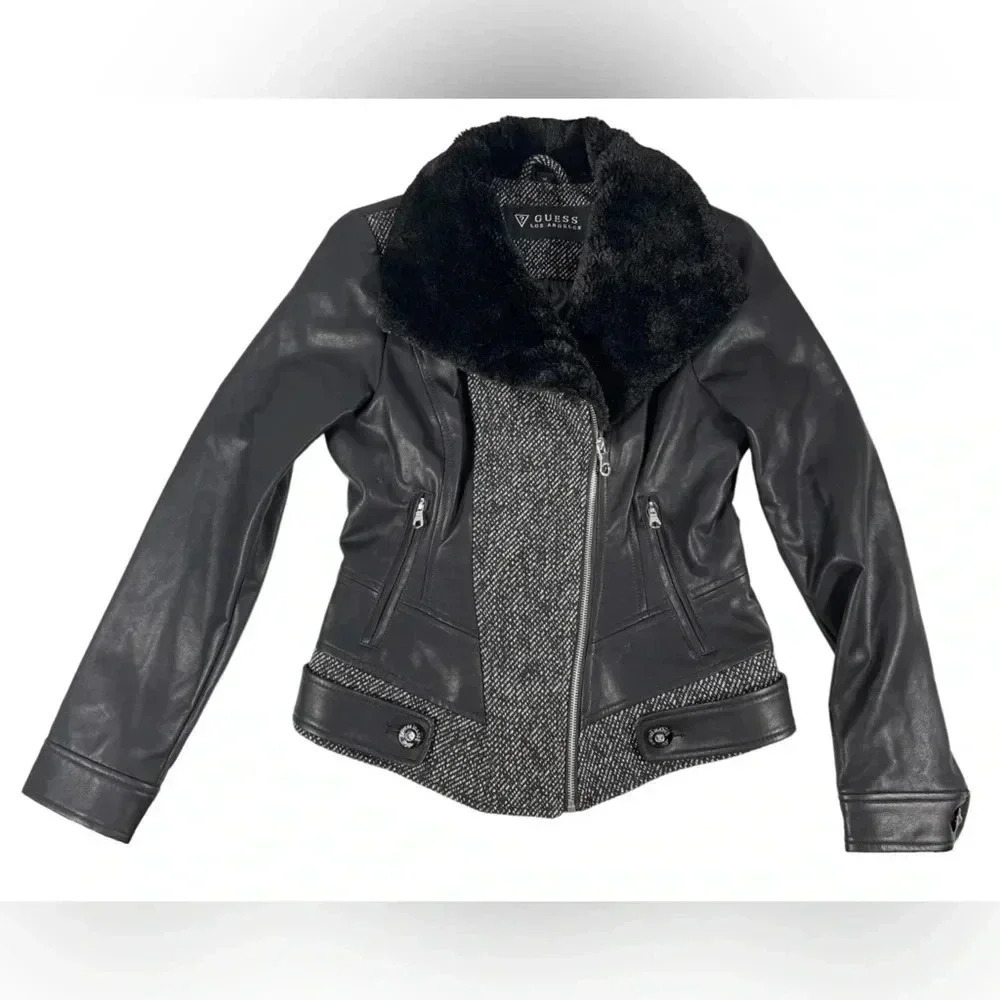 Guess Faux Leather Faux Fur Tweed Lined  Jacket Size Medium